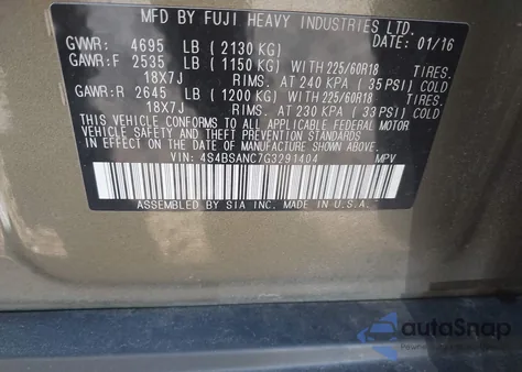 2016 Subaru Outback 2.5I Limited from USA, damaged, VIN 4S4BSANC7G3291404